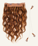 Wavy Perfect Crown Hair Extensions by Perfect Locks in warm mocha lowlights, with clips, adjustable wires, brown clasps on white.#color_warm-mocha-lowlights-(2/4/6)
