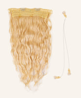 Perfect Locks Wavy Perfect Crown Hair Extensions in platinum blonde on a light background, with wavy hair, clips, lace, and clear wires.#color_platinum-blonde-(613)