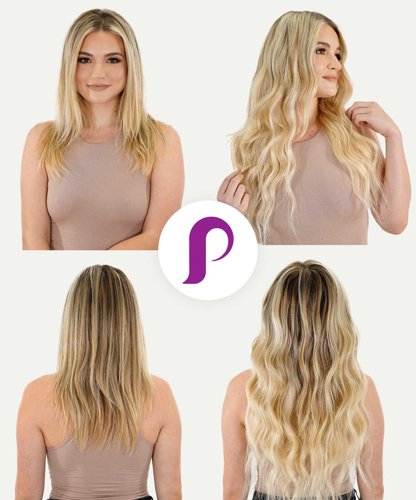 caramel blonde highlights (24/27/613) wavy tape in hair extensions by Perfect Locks