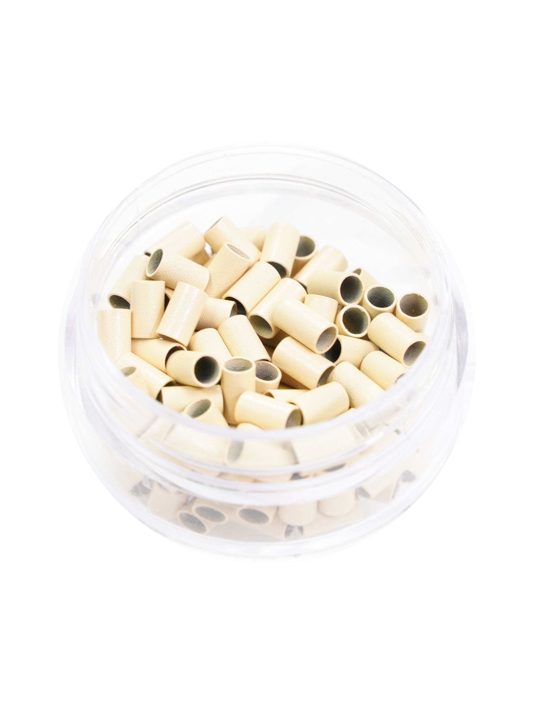 A clear container of Perfect Locks Microlink Copper Beads in Dark Auburn for crafting, jewelry, or Remy hair extensions on white background.#color_light-blonde