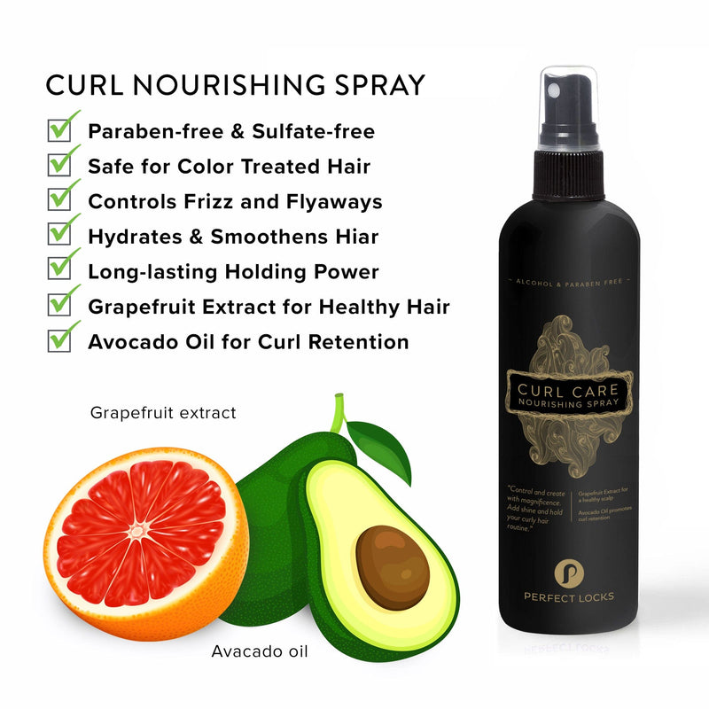 A bottle of Perfect Locks Curl Care Nourishing Spray Gel beside grapefruit and avocado illustrations, with a checklist of benefits.