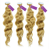 Four bundles of Perfect Locks Curly Tape-In Hair Extensions in Chocolate Brown , each with 40 pieces, shown with purple tags on a white background.#color_honey-blonde-(27)