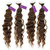 Four bundles of curly natural black  tape-in hair extensions by Perfect Locks, 40 pieces total, displayed vertically on white.#color_chocolate-brown-(3)