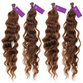 Four bundles of Perfect Locks 4 x Curly Fusion I-Tip Hair Extensions in Dark Auburn , tied and labeled, side by side on white.#color_dark-auburn-(33)