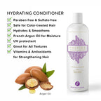 A white bottle of Perfect Locks Hydrating Conditioner (Old Formula) beside illustrated argan nuts and oil; paraben-free, sulfate-free, hydrating, UV protectant, vitamin-rich—ideal for all hair textures and Remy extensions.