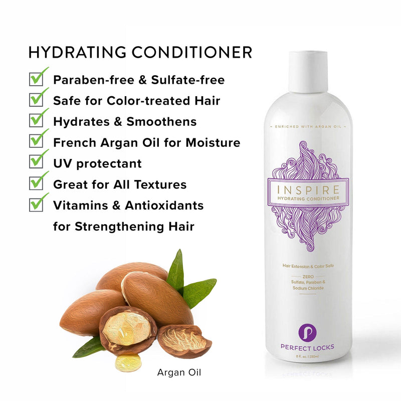 A white bottle of Perfect Locks Hydrating Conditioner (Old Formula) beside illustrated argan nuts and oil; paraben-free, sulfate-free, hydrating, UV protectant, vitamin-rich—ideal for all hair textures and Remy extensions.