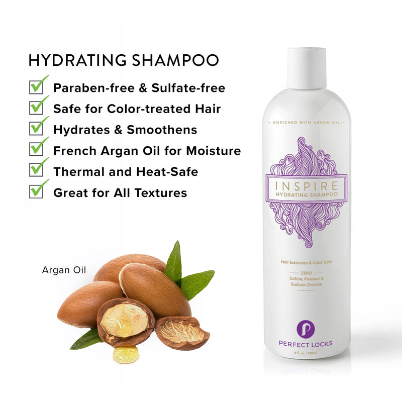 A bottle of Perfect Locks Hydrating Shampoo (Old Formula) with argan oil, benefits listed, and argan nuts depicted.