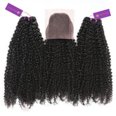 Three bundles of curly black hair extensions with a lace closure, each tagged Perfect Lock. Adds volume for a seamless, natural look.