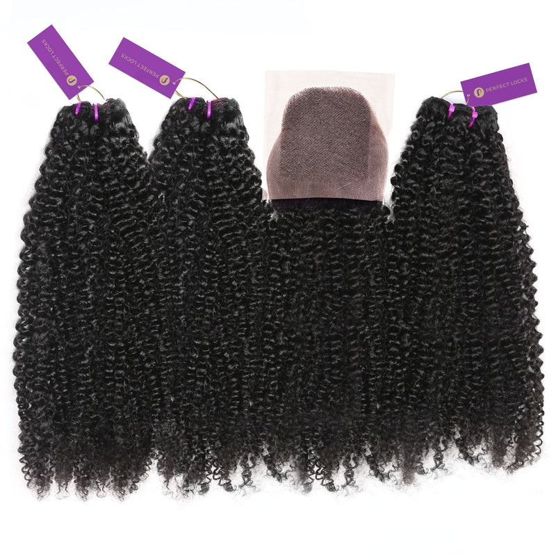 3 x Kinky Curly Machine Weft Bundle Deal + Closure