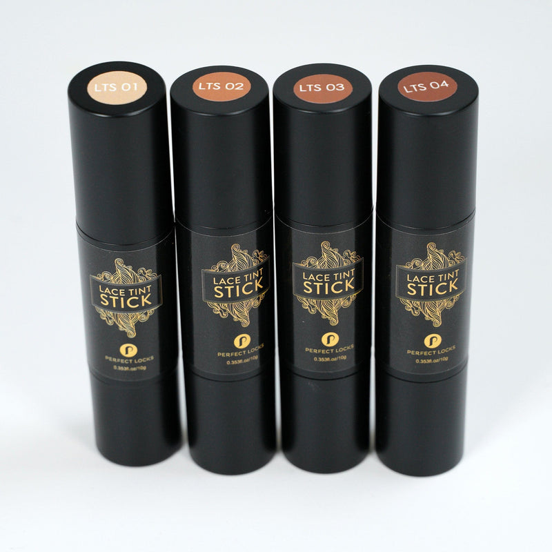 Four black cylindrical tubes of Lace Tint Stick by Perfect Locks stand upright, each labeled LTS 01 to LTS 04 for seamless blending.