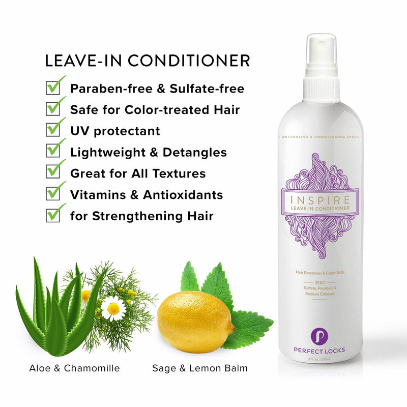 The Inspire Leave-In Conditioner by Perfect Locks is paraben- and sulfate-free, safe for color-treated hair, with UV protection.
