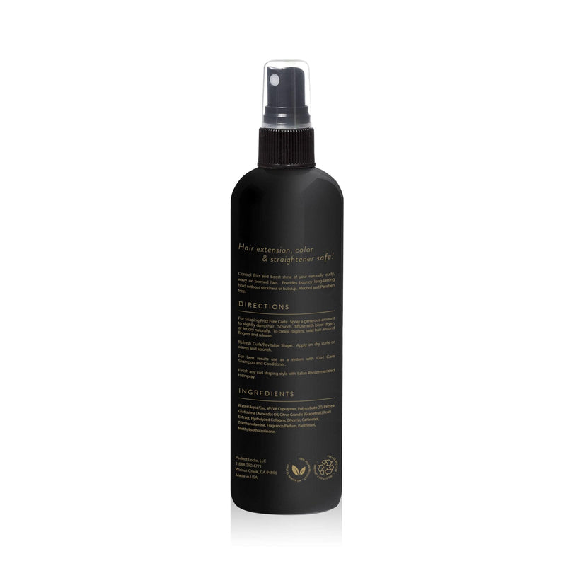 A black spray bottle with a clear cap features gold text detailing directions and ingredients, standing upright on white background.
