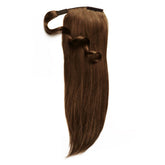 The Perfect Locks Straight Ponytail in 16" chocolate brown () with a loose curl and velcro strap, on a white background.#color_chocolate-brown-(3)