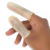 A hand wearing two transparent "Perfect Locks" Finger Protectors, commonly used for safety in medical, lab, or hair extension tasks.