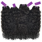 Four bundles of luxurious, long, black, curly hair extensions with purple "Perfect Locks" tags lie side by side on white.