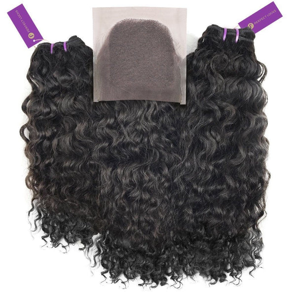 2 x Curly Virgin Machine Weft Bundle + Closure Deal