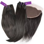 Straight, dark brown hair extensions with purple tags are arranged beside a lace closure piece on a clean white background.