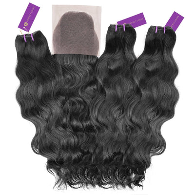 3 x Wavy Virgin Machine Weft Bundle + Closure Deal