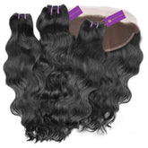Four bundles of black, wavy hair extensions with purple bands and a lace closure piece on a white background for a natural look.