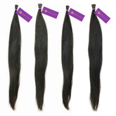 Four bundles of Perfect Locks 4 x Straight Fusion I-Tip Hair Extensions in Chocolate Brown  arranged vertically on white.#color_natural-black-(1B)