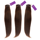 Three bundles of Perfect Locks 3 x Straight Hand-Tied Rows in Natural Black  with purple tags displayed side by side on white.#color_chocolate-brown-(3)