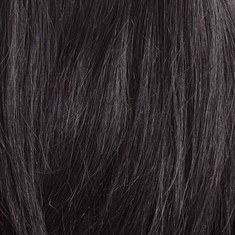 Close-up view of straight, dark brown hair with subtle caramel highlights, showcasing individual strands and smooth texture.