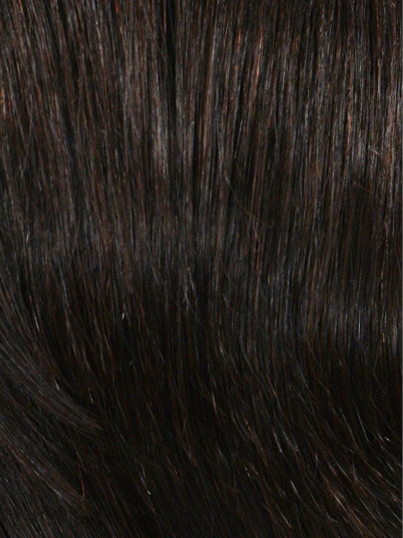 Close-up of smooth, straight, shiny dark brown hair with natural sheen and subtle highlights, showcasing healthy strands.