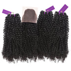 Four bundles of black kinky curly hair extensions with purple tags are arranged side by side, with a lace closure piece above the center bundle.