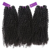 Three bundles of tightly coiled, curly black hair extensions side by side; each with a purple "Perfect Locks" label on top.