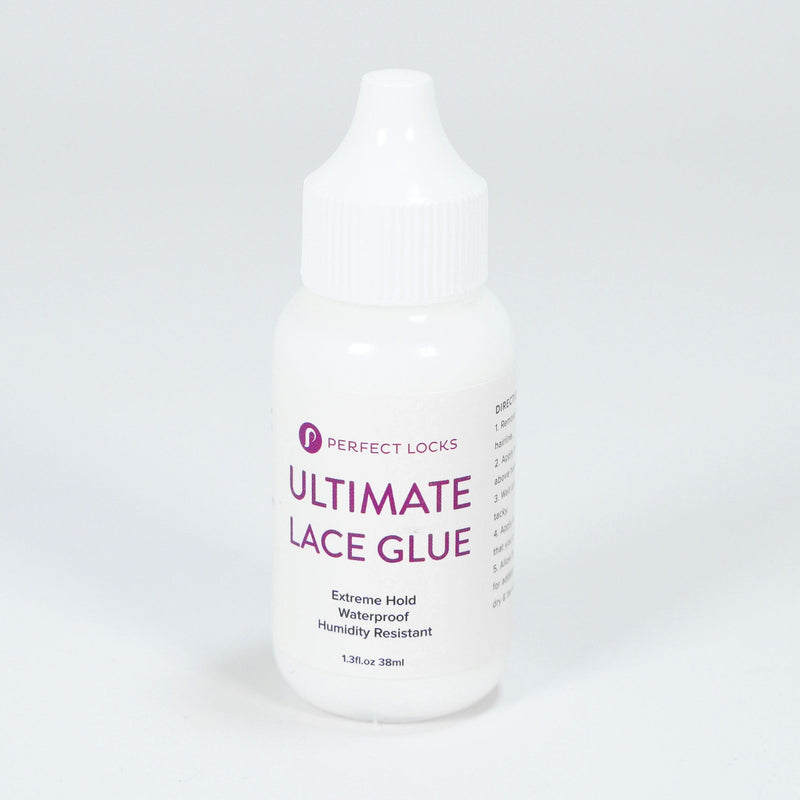 A white plastic bottle labeled Perfect Locks Ultimate Lace Glue with a pointed nozzle cap, offering Extreme Hold and waterproof features, contains 1.31 fl oz (38 ml).