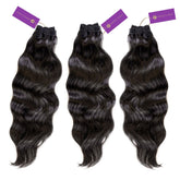 Three bundles of Perfect Locks 3 x Wavy Hand-Tied Rows Bundle Deal in Dark Auburn , each with a purple tag, side by side. Remy hair extensions look smooth and healthy.#color_natural-black-(1B)